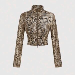 Khaki Snake Skin Print Motorcycle Stand Collar Zipper Jacket,Retro Western Style